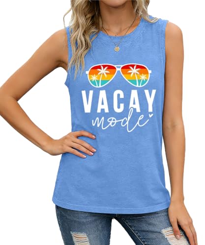 Image of Vacay Mode T Shirts for Women Summer Beach Hawaii Vacation Short Sleeve Tops Holiday Cruise Getaway T Shirts