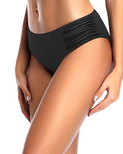 Tempt Me Women Black Bikini Bottoms Mid Waist Ruched Bathing Suit Swimsuit Full Coverage Swim Bottom Xs thumb #4