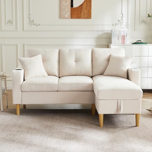 Sofá moderno en forma de L de 3 plazas Chaise longue Espacio de almacenamiento Integrado Portavasos 2 Almohadas Sala de estar Oficina Apartamento etc Vídeo disponible