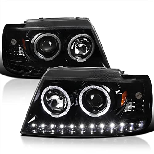 SPEC-D TUNING Jet Black LED Halo Projector Headlights Compatible with 2002-2005 Ford Explorer, Left + Right Pair Headlamps Assembly
