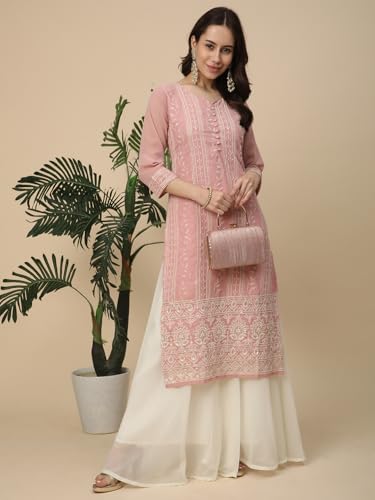 Image of RATAN Women's Georgette Anarkali Lucknowi Chikankari Ethnic Wear Kurta