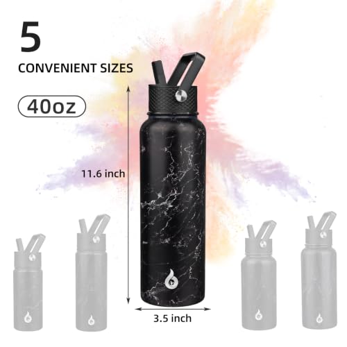 Image of BJPKPK Insulated Water Bottles with Straw Lid, 40oz Stainless Steel Metal Water Bottle with 3 Lids, Reusable Thermo, Keep Cold Hot for Sports, Gym-Midnight