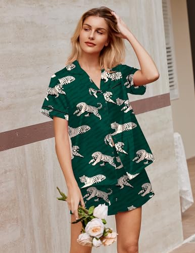 Image of Ekouaer Silk Satin Pajamas 2 Piece Pajamas for Women Set Button Down PJ Short Sleeve and Shorts Pjs Lounge Sets