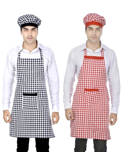 Image of Switchon Checkered Cotton Kitchen Cooking Apron with Chef Hat - Pack of 2 | Multi-Purpose Chef & Waiter Apron for Men & Women | Home, Hotels, Restaurants & Cafes | Proudly Made in India