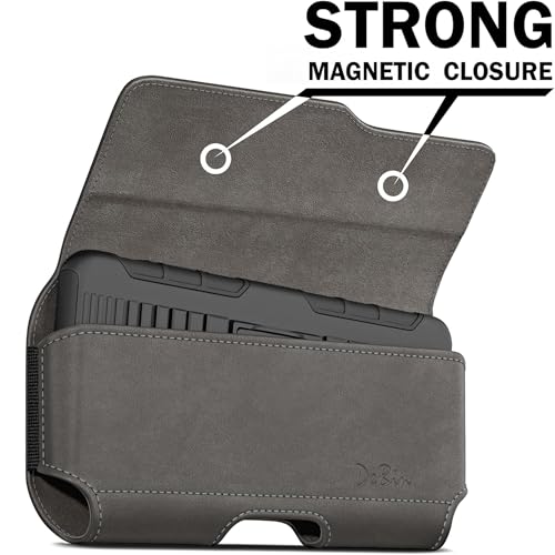 Image of DeBin Holster for Large iPhone Plus, Pro Max Models 17 16 15 14 13 12 11 Xs Max - Leather Cell Phone Belt Holder Case with Clip, Carrying Pouch Cover Fits Phone with Case on, Pewter