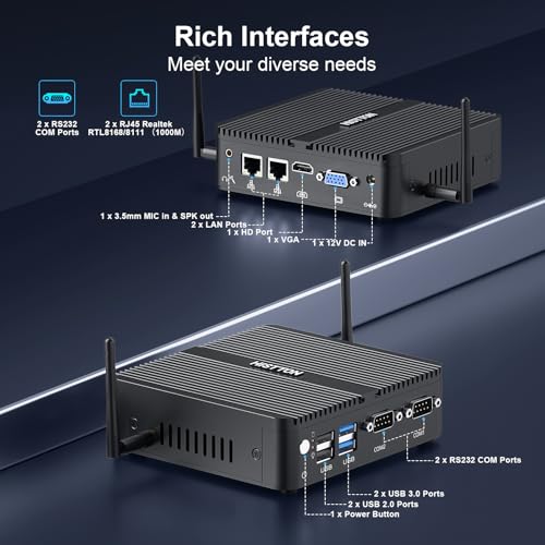 Image of HISTTON Fanness Mini PC J5005,Industrial PC Supp.Win 11 Pro,DDR4 4GB RAM 64GB SSD,Dual 1GbE LAN,WiFi 5, BT4.2, 2 RS232 COM,HD /VGA, USB3.0,Mini Desktop Computer