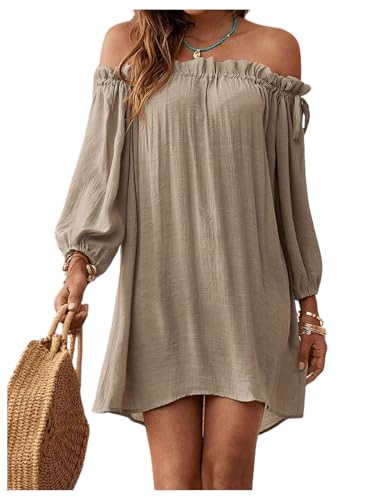 OYOANGLE Women's Swimsuit Cover Ups Off Shoulder Long Sleeve Beach Dress Frill Trim Swimwear