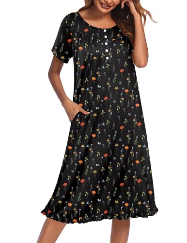 Image of Ekouaer Nightgowns for Women with Pockets Button Front Short Sleeve House Dresses Floral Print Mumu Dress