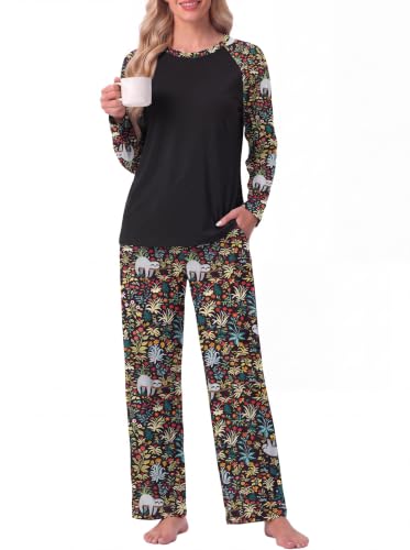 PrinStory Womens Pajama Set 2 Piece Lounge Pockets Black Sloth S