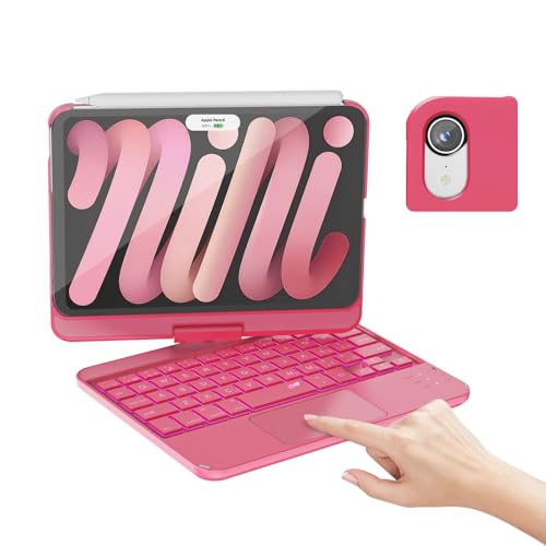 RAYMCRAFT Keyboard Case for iPad mini 7 (A17 Pro 2024) & Mini 6 (2021) 8.3-inch 360 Rotatable 7 Color Backlit Multi-Touch Trackpad Wireless Keyboard for iPad mini 7th/6th Generation Hot Pink