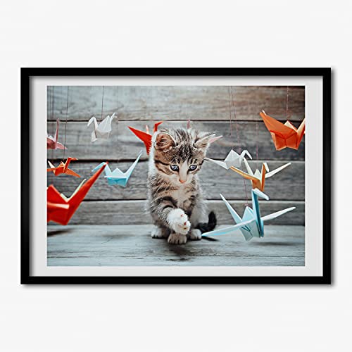 Cadre photo 70x50 cm pour salon moderne tableau oiseaux de chat en papier Tulup