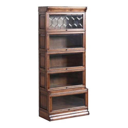 Pemberly Row Traditional 5-Stacks Wood Barrister Bookcase, Walnut Finish, 78" H x 33" W x 16" D, Leaded Glass Top, Medium Brown Hand Rubbed Stain, Timeless Office Storage Solution