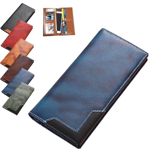 Upliftjoys Cowhide Vintage Wallet, Men's Leather Long Bifold Wallet with RFID Blocking, Large capacity Multiple compartments Wallet (Blue)