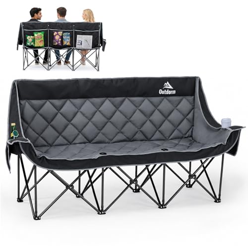 Padded 3 Person Camping Chair Oversized Camping Couch Heavy Duty Folding Double Camping Chair Extra Wide Camping Loveseat with Cup Holder & Side Pockets for Camping & Lawn Supports 660LBS Black