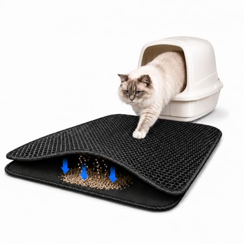 Waggle Wonders Cat Litter Mat Litter Trapping Mat for Cats Large Litter Tray Mat Double Layer Honeycomb Design Waterproof Non-Slip Washable Easy Clean Soft on Paws (Black 50 x 40 cm)