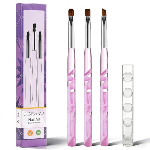 GEMSANVA Nail Art Cleanup Brushes Set Nail Art Brush for Cleaning Polish Mistakes Flat/Oval/Fine Angled for Gel Polish Manicure Tools for Salon and Home Use(With Pen Holder)