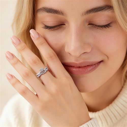 KYNOX Gold Initial Crown Rings for Women Non Tarnish 14K Gold Plated Vintage Heart Thumb Rings Personalized Carved Anniversary Valentine's Day Mother Gifts (Silver-C, 6) — view 2