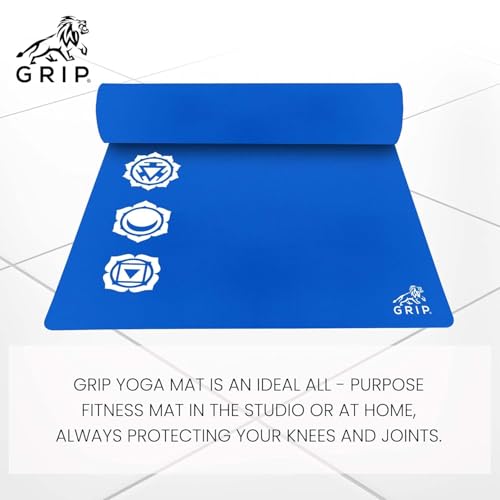 Image of GRIP Yoga Mat 12mm Thick (36 x 75 Inches) 7 Chakras Design | Extra Wide Anti-Slip Exercise Mat for Home, Gym, Yoga, Pilates & Workout | Men & Women | Blue Color