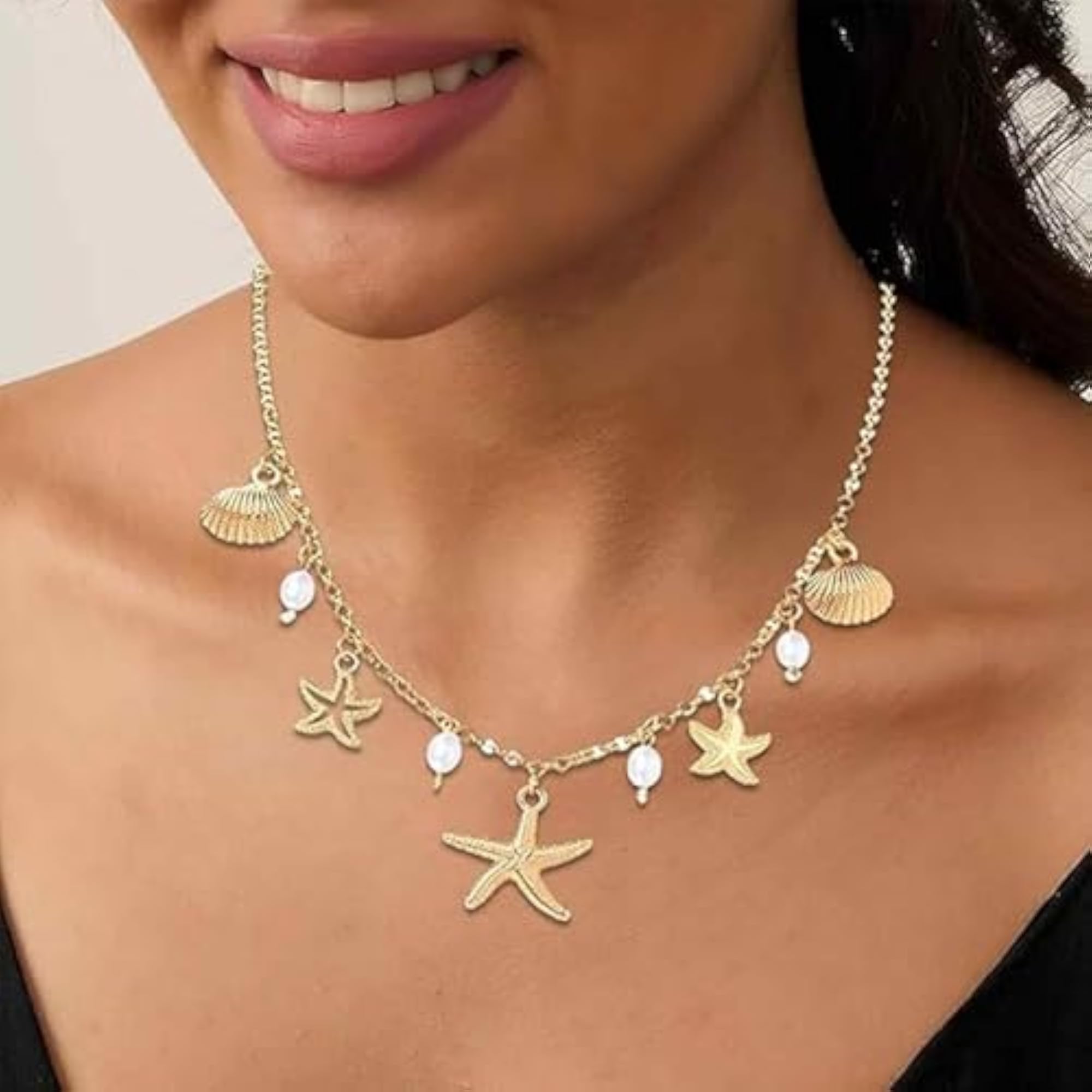 Women's Layered Pearl & Starfish Pendant Necklace, Beach Style