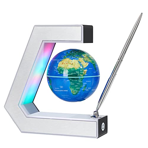 Globe terrestre magnétique flottant avec lampe et stylo - Décoration de bureau cool et géographie éducative pour enfants (Panneau argenté)