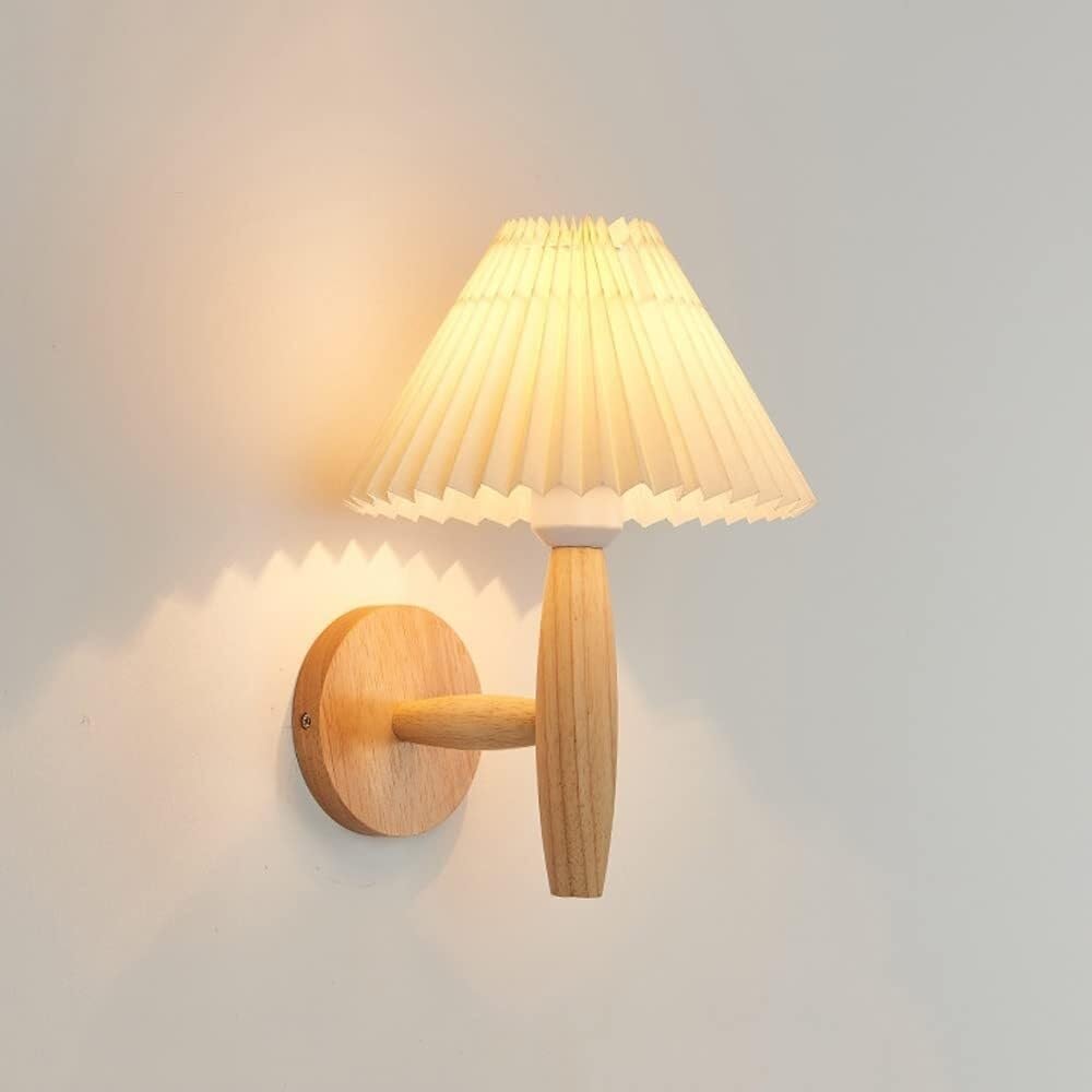 SMCCYYSD Wood Wall Lamp Modern Pleated Fabric Light Nordic Indoor Bedside Sconce for Bedroom Living Room Study Dining Hallway Stairs Hall Restaurant Mounted Lamp(Wood)