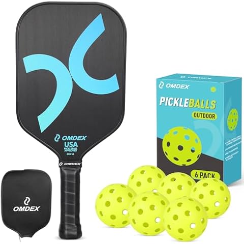 OMDEX Pickleball Paddle, 16mm T700 Carbon Fiber Pickleball Paddle USAPA Approved, Elongated Handle Pickleball Racket & Outdoor Pickleball Balls 6-Pack, Premium & Durable Pickle Balls Cover