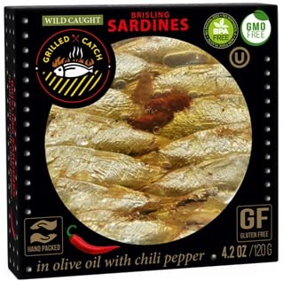 Grilled Catch Wild Caught BRISLING SARDINES in olive oil 4.2 oz/120g, pack of 5, Product of Latvia (Chili Pepper)