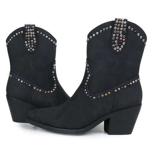 Womens Studded Cowboy Boots Fashion Vintage Sparkly Western Cowgirl Short Boots with Wide Calf Pointed Toe And Chunky Heel Design Ankle Boot
