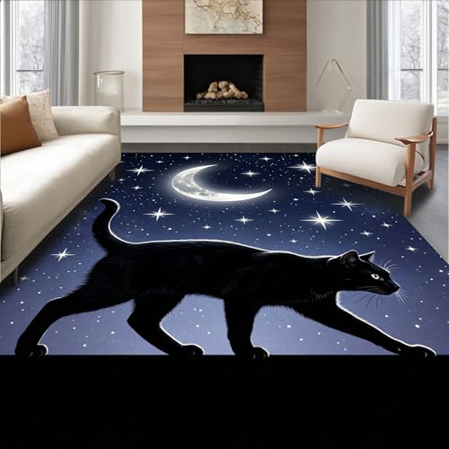 Low Pile Flatwoven Area Rug 8x10, Black Cat Prowling Under