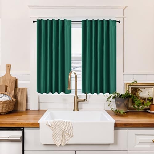 Image of RYB HOME 100% Blackout Short Curtains for Small Window, Thermal Insulated Noise Reducing Back Tab Curtains for Nursery Bathroom Basement, 34 inches Wide by 45 inches Long, Dark Green