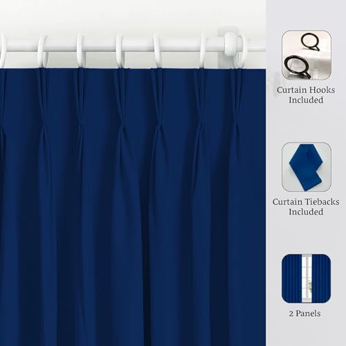 Image of Triple Pinch Pleated Blackout Curtains Thermal Insulated Room Darkening Curtains for Bedroom /Livingroom Pack of 2 Panels, Tiebacks, Hooks (Royal Blue)