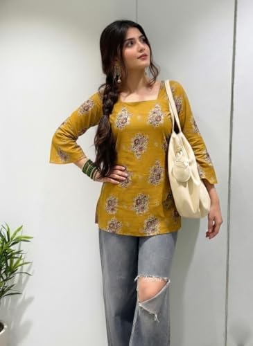 Image of ANNI Designer Women's Viscose Blend Printed Short Kurti | Straight Fit Casual Ethnic Top | Square Neck Full Sleeve Kurta Office College