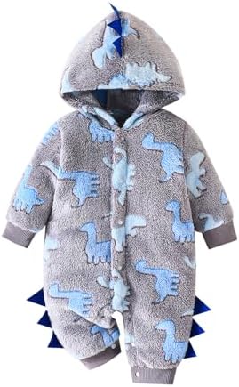 Infant Baby Boy Plush Hooded Jumpsuit Dinosaur Pattern Button Fro...