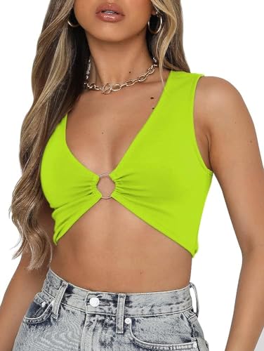 Image of Crop Tops for Women Sleeveless Deep V Neck Workout Top Plunge Ring Cleavage Cropped Tank Top