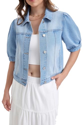 andy & natalie Womens Jean Jacket Cropped Short Puff Sleeve Trendy Denim Jackets with Pockets Medium Della Robbia Blue