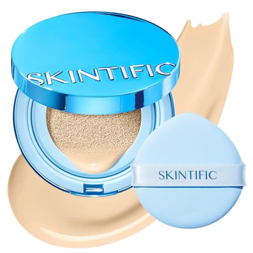 Image of SKINTIFIC Velvet Matte Cushion Foundation Blue #01W Warm Vanilla | Full coverage matte finish, one-swipe flawless, oil control, long-lasting pore-blurring pressed powder for oily skin.