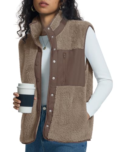 Kistore Weste Damen Stehkragen Teddyjacke Damen Lässige Mode Jacke Damen Herbst Einfarbig Reißverschluss Casual Mantel Damen(Khaki,S)