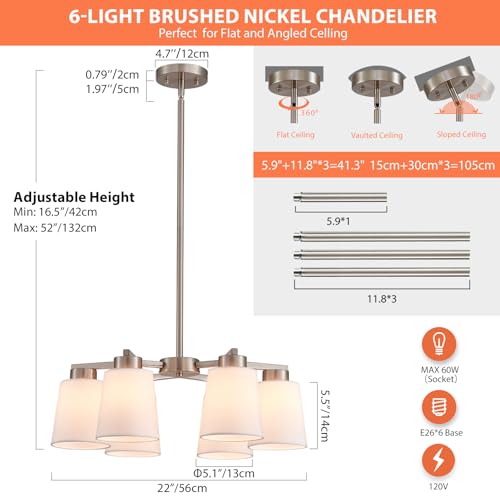 Majhoiw 22" Farmhouse Chandelier 6-Lights Modern Brushed Nickel Pendent Light with White Fabric Shade Boho Lighting Fixture for Kitchen Island Dining Room Entryway Foyer — view 2