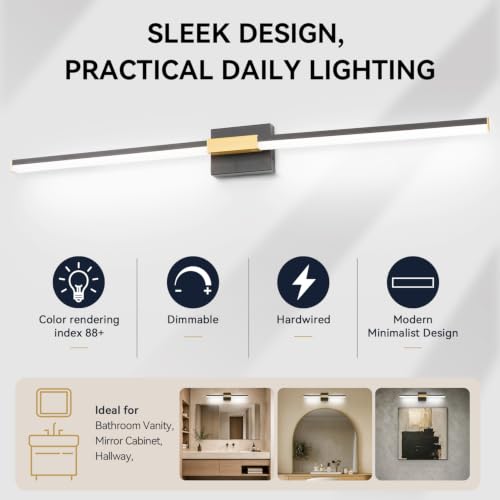 Image of SOLFART Bathroom Lighting Fixtures Over Mirror 48 Inch: Black and Gold Dimmable Vanity Light, Built-in Dimmer, Thickened Aluminum Body, 360 Degree Rotation, ETL IP44