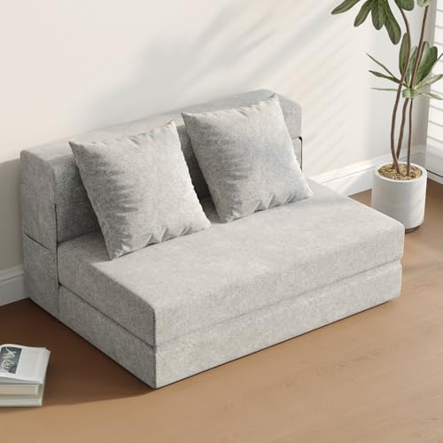 DSNAPE Sofá Cama Convertible, 99 cm de Ancho, Sofá de Suelo Plegable con Cojines & Bolsillos Laterales, Sofa Cama 2 Plazas para Salón Dormitorio Oficina Habitación de Invitados, Gris Claro
