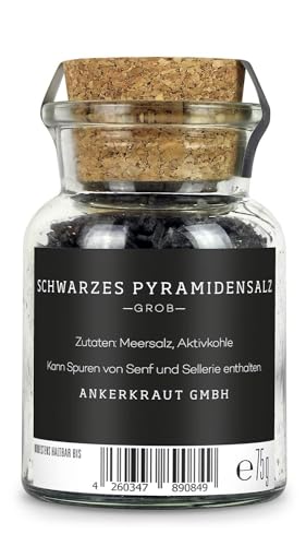 Foto von Ankerkraut Schwarzes Pyramidensalz, grobes Salz mit Aktivkohle, Finisher-Salz, schwarzes Fleur De Sel, Fleisch Fisch Gemüse Würzen, 75 g im Korkenglas