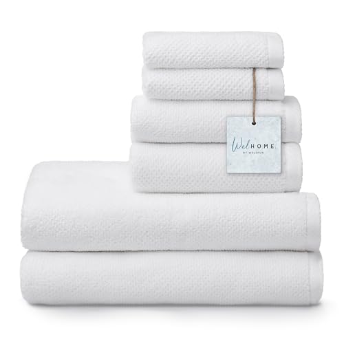 Welhome Franklin 100% Cotton Popcorn Textured Towel Set - 6 Piece 600 GSM, Soft & Plush, 2 Bath Towels, 2 Hand Towels, 2 Washcloths, White