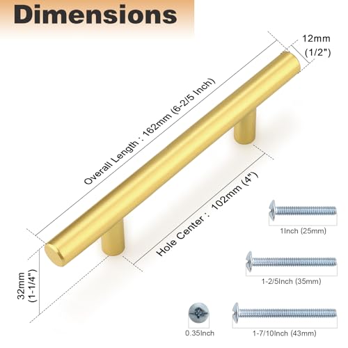 Image of Probrico 10 Pack 4 Inch Center-to-Center Kitchen Cabinet Pulls T Bar Gold Cabinet Handles Modern Drawer Hardware Dresser Pulls, 6-4 /5 Inch Total Length