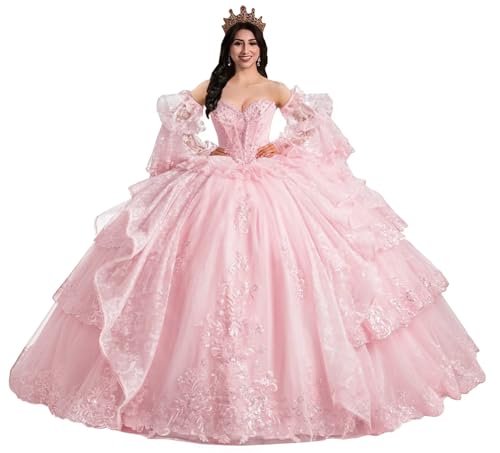 XYAYE Glitter Tulle Quinceanera Dresses with Sleeves Lace Layered Vestidos de Quinceañera Puffy Beaded Strapless 16 Dresses