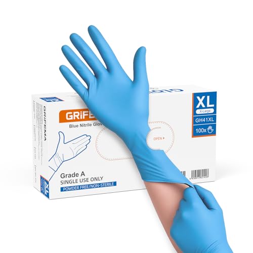 GRIFEMA Guantes de Nitrilo Azules XL, Desechables resistentes, sin polvo y sin látex, Para laboratorio, alimentos, limpieza, Caja de 100