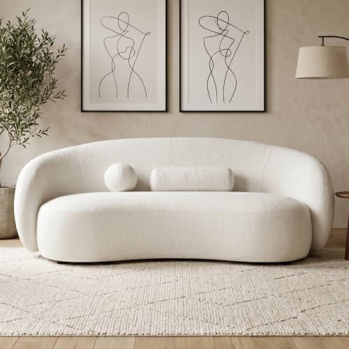 Image of Furniture of America Sylin Modern Chenille Sofa with Pillows, Curved Arms and High Density Foam, Wooden Comfortable Couch for Living Room, Office, White
