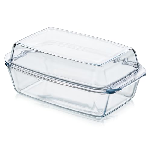 KHG Auflaufformen aus Glas mit Deckel 3 Liter Rechteckig für kalte & warme Speisen, spülmaschinenfest, mikrowellengeeignet, Glasbräter Glasform Backform, 35x13x21 cm