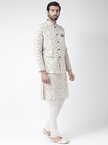 Image of KISAH Men White Floral Kurta with Churidar Jacket, Full Sleaves, Knee Length, Straight, Regular Fit, Mandarin Collar Ethnic Casual Traditional wear