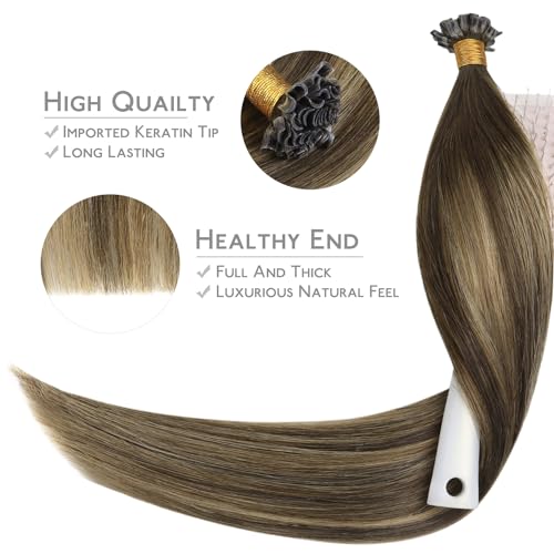 Image of WENNALIFE U Tip Hair Extensions Human Hair, 50g 50s 20 Inch Balayage Chocolate Brown to Caramel Blonde Remy Hair K Tip Hair Extension Real Human Hair Invisible Straight Keratin Hair