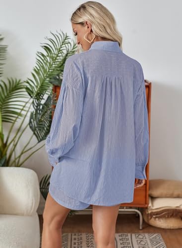 Image of Fixmatti 2 Piece Outfits Long Sleeve Button Down Shirt and Shorts Sweatsuit Lounge Sets